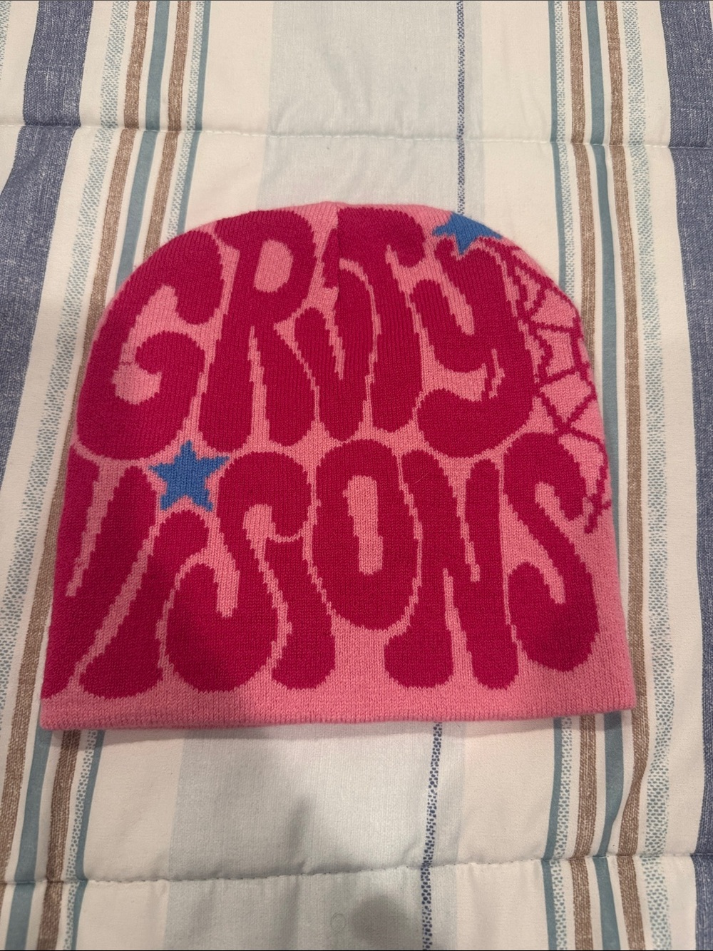 Pink Graphic Knit Beanie with Star Accent